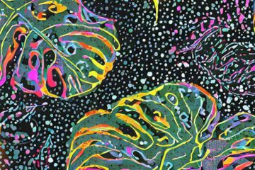 Seamless repeatable pattern featuring vibrant neon-colored monstera leaves and stylized flames against a black background with scattered dotted accents, creating a bold, psychedelic effect. (Generated by AI but reviewed for accuracy by a human.)
