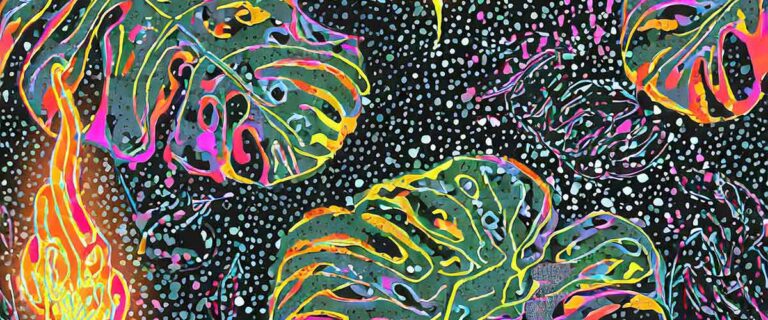Seamless repeatable pattern featuring vibrant neon-colored monstera leaves and stylized flames against a black background with scattered dotted accents, creating a bold, psychedelic effect. (Generated by AI but reviewed for accuracy by a human.)