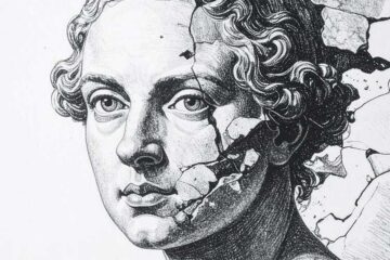 Illustration of a classical-style female bust with cracks spreading across her face and head, symbolizing emotional or mental strain.