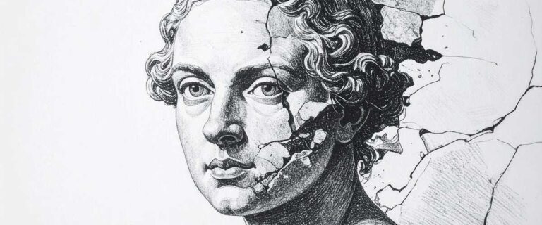 Illustration of a classical-style female bust with cracks spreading across her face and head, symbolizing emotional or mental strain.