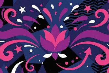 An abstract and celebratory design with a bold color palette of purple, pink, navy blue, black, and white. In the center is a stylized lotus flower, from which organic, swirling shapes, dots, arrows, and stars burst outwards. The background features geometric patterns and wavy lines, all contributing to a dynamic and fun feeling.