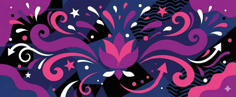 An abstract and celebratory design with a bold color palette of purple, pink, navy blue, black, and white. In the center is a stylized lotus flower, from which organic, swirling shapes, dots, arrows, and stars burst outwards. The background features geometric patterns and wavy lines, all contributing to a dynamic and fun feeling.