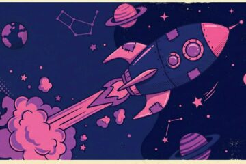 A wide, vintage-style blog header illustration featuring a stylized rocket ship blasting off diagonally towards the right. The rocket uses a playful palette of bright pinks and purples against a deep navy blue space background scattered with simple stars and planets. The design is flat and illustrative, leaving a trail of billowy smoke behind the engine.