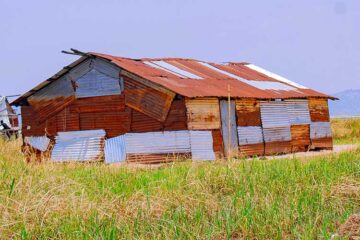 A weathered, patchwork structure built from corrugated metal sheets in varying stages of rust and wear, standing in an open grassy field under a hazy purple-gray sky, with hills visible in the distance. (Alt text generated by Claude and human-reviewed)